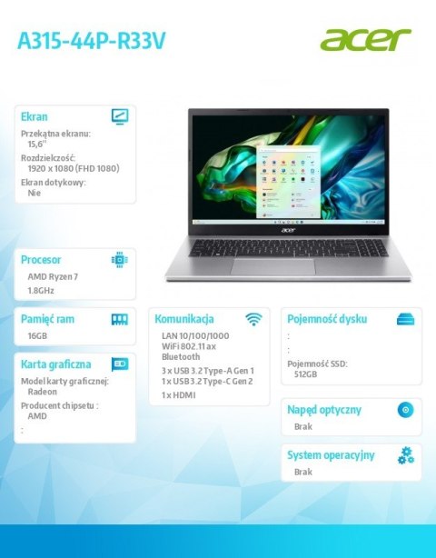 Acer Laptop Aspire 3 A315-44P-R33V R7 5700U 15,6 FHD 16GB 512GB No OS Silver