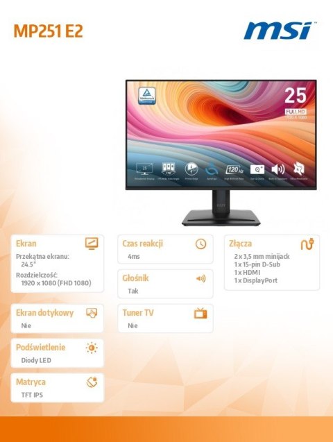 MSI Monitor 24.5 cala PRO MP251 E2 LED/FHD/Flat/120Hz/czarny