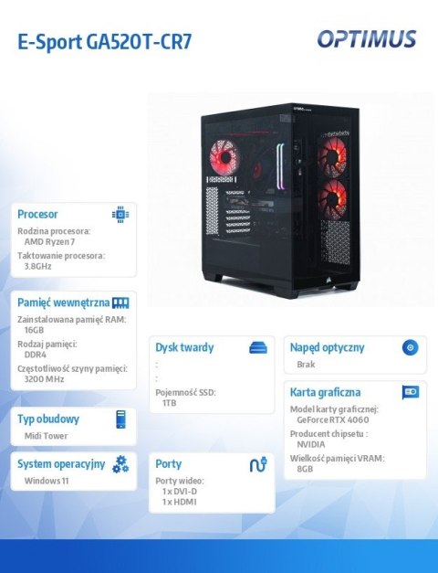 OPTIMUS Komputer E-Sport GB550T-CR4 Ryzen 7 5800X/16GB/1TB/RTX 4060 EAGLE OC 8G/W