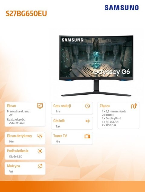 Samsung Monitor 27 cali LS27BG650EUXEN VA 2560x1440 16:9 2xHDMI/1xDP/LAN(RJ45)/2xUSB3.0 1ms(GTG) WiFi/BT głośniki zakrzywiony HAS+PIV 24
