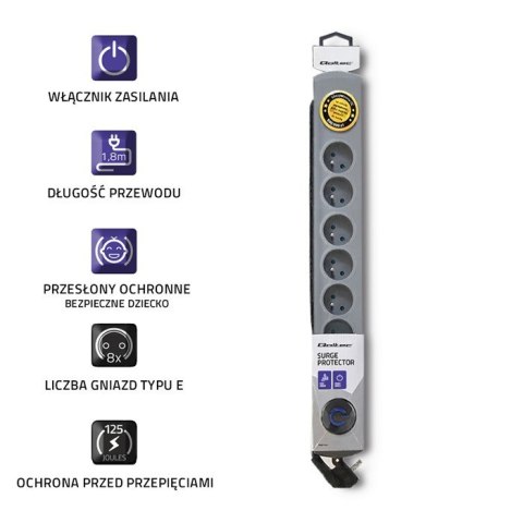 Qoltec Listwa antyprzepięciowa Quick Switch, 8 gniazd, 1,8m, szara Qoltec Listwa antyprzepięciowa Quick Switch, 8 gniazd, 1,8m, szara