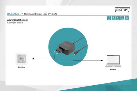Digitus Ładowarka sieciowa zasilacz 1x USB-C PD 3.0 max. 65W zintegrowany kabel 1,2m Czarna Digitus Ładowarka sieciowa zasilacz 1x USB-C PD 3.0 max. 65W zintegrowany kabel 1,2m Czarna