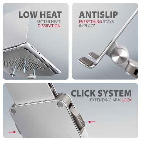 AXAGON Podstawa do laptopów aluminiowa STND-LR 10-17.3 cala regulowane kąty nachylenia, obrót o 360 stopni, Szara