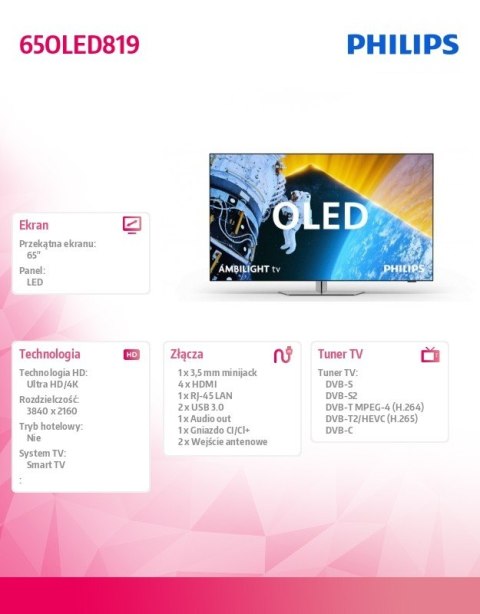 Philips Telewizor 65 cali OLED 65OLED819/12 Philips Telewizor 65 cali OLED 65OLED819/12