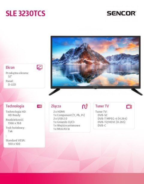 Sencor Telewizor 32 cale HD SLE 3230TCS DVB-T/T2/C/S/S2 Ci+ HEVC