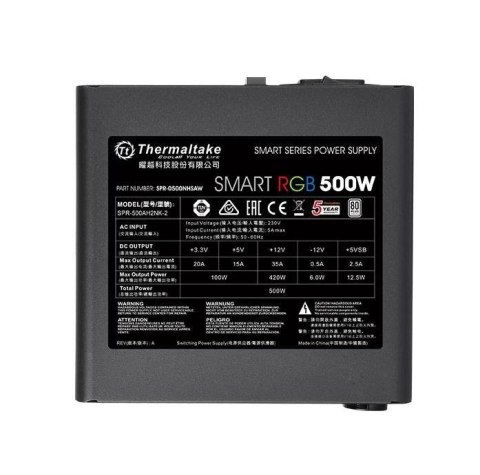 Thermaltake Smart 500W RGB (80+ 230V EU, 2xPEG, 120mm, Single Rail) Thermaltake Smart 500W RGB (80+ 230V EU, 2xPEG, 120mm, Single Rail)