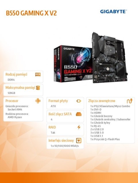 Gigabyte Płyta główna B550 GAMING X V2 AM4 4DDR4 HDMI/DVI M.2 ATX Gigabyte Płyta główna B550 GAMING X V2 AM4 4DDR4 HDMI/DVI M.2 ATX