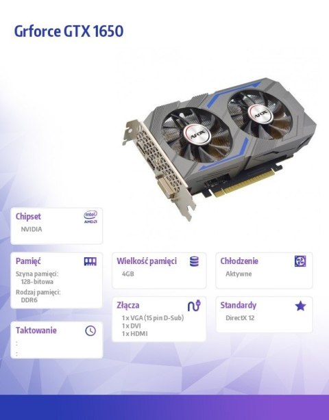 AFOX Karta graficzna GeForce GTX1650 4GB GDDR6 128Bit DVI HDMI ATX Dual Fan AFOX Karta graficzna GeForce GTX1650 4GB GDDR6 128Bit DVI HDMI ATX Dual Fan